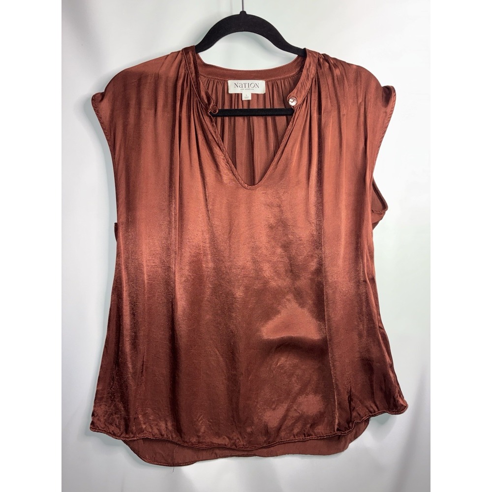 Nation LTD Top Satin Tee Size Large Rust Copper Short Cap Sleeve June V Neck